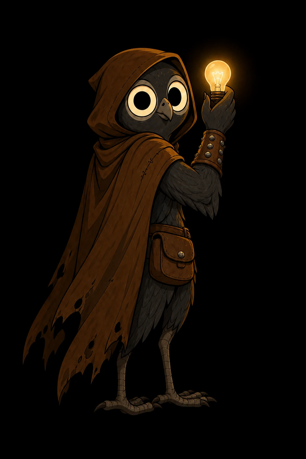 Nuke holding a glowing bulb in a hooded cloak