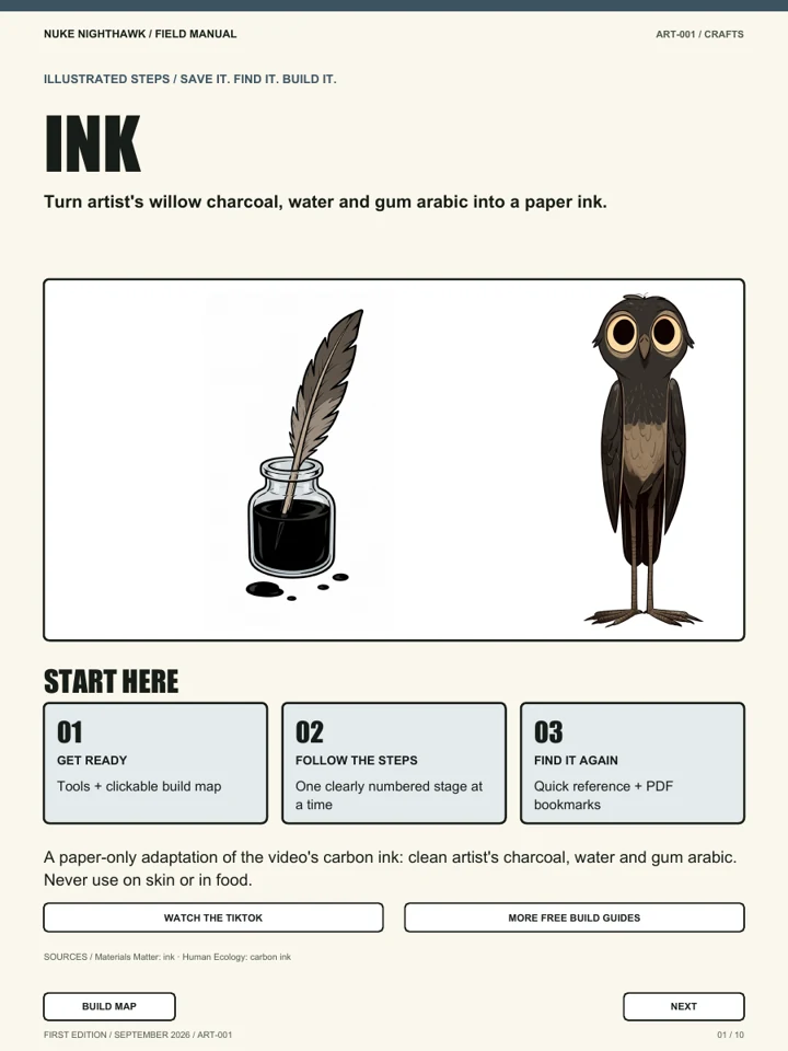 The illustrated Nuke Nighthawk Writing ink: charcoal and gum field-manual cover
