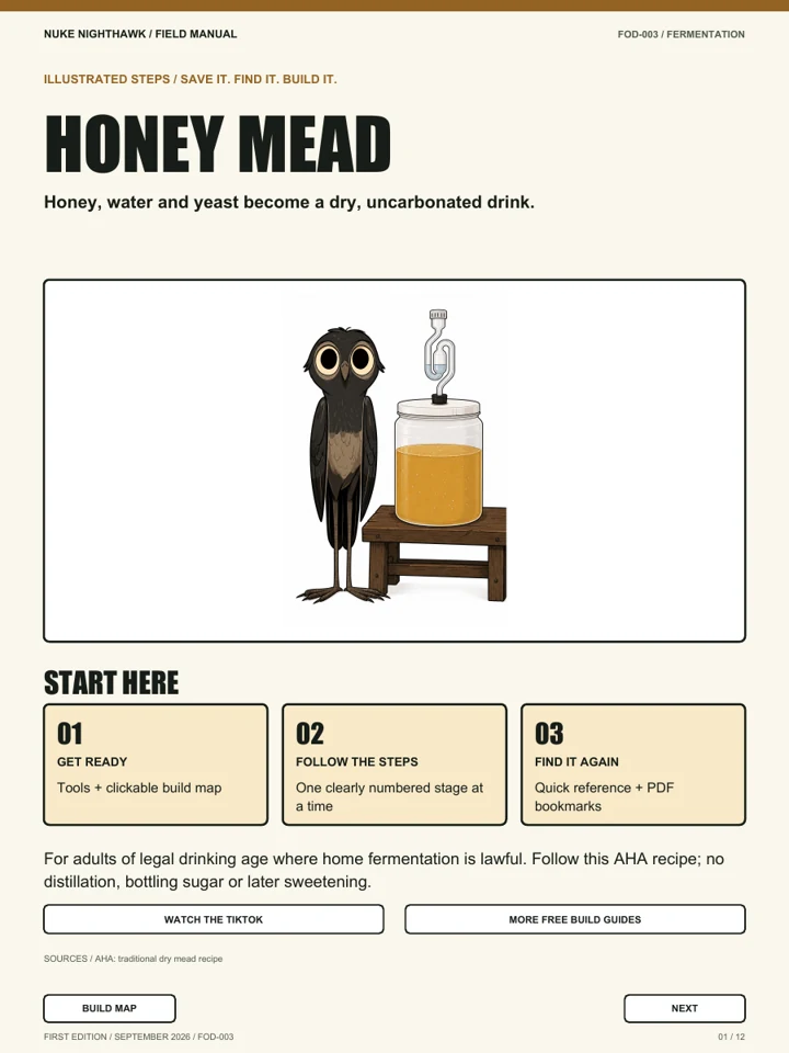 Nuke beside a honey-mead fermenter with an airlock
