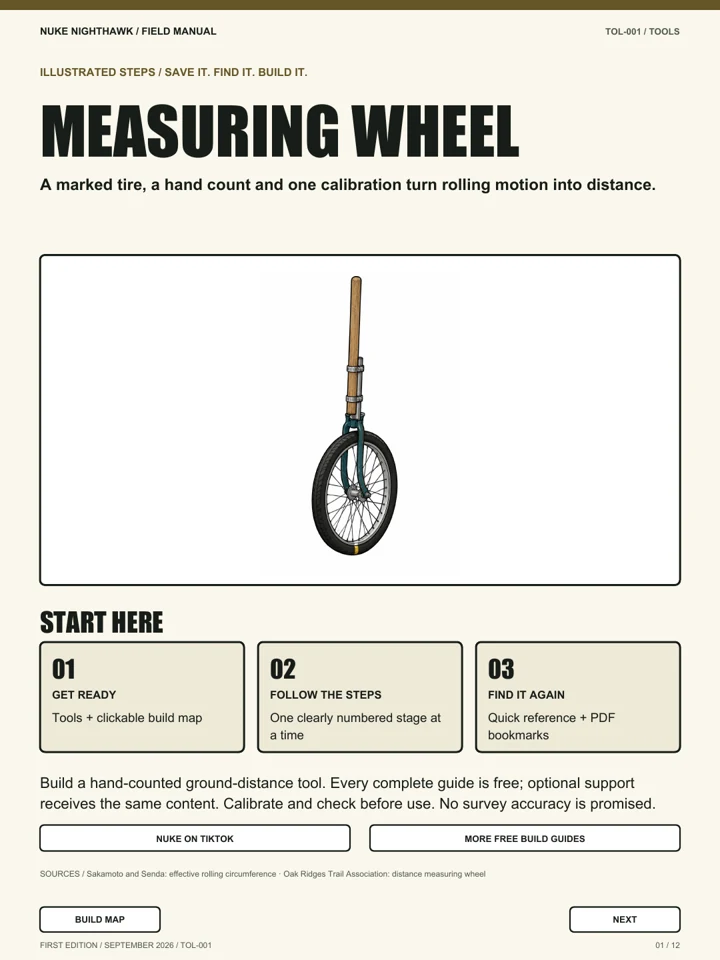 The measuring-wheel field-manual cover showing a marked bicycle wheel with a clamped wooden handle