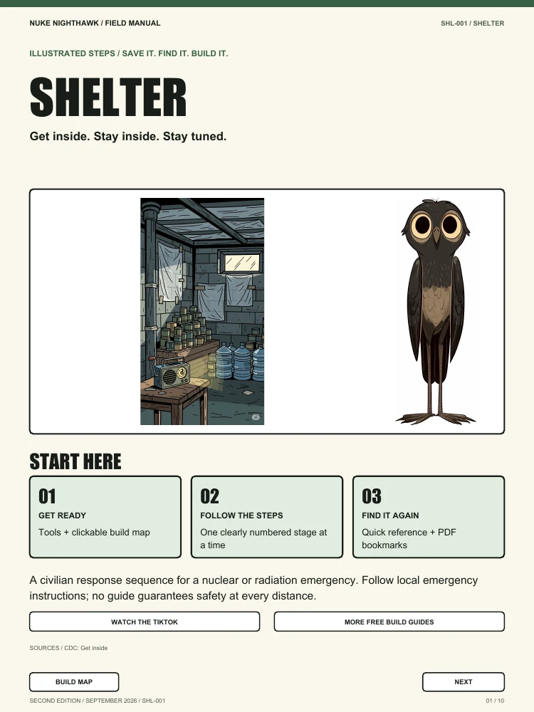 Nuke beside an illustrated basement shelter