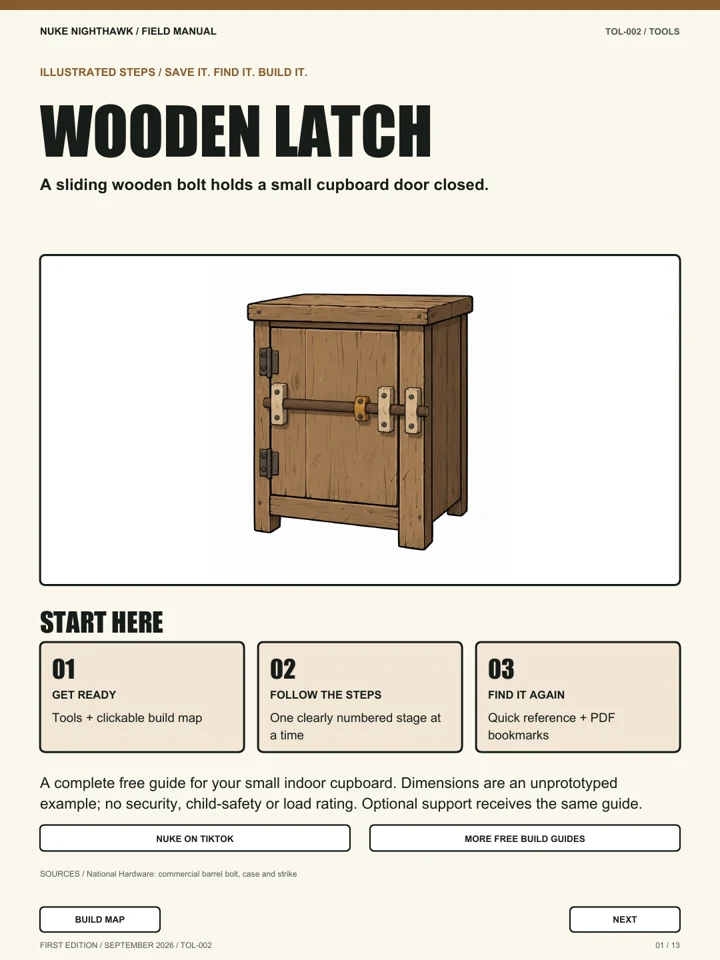 Wooden Latch field-manual cover showing a small cupboard with a guided wooden sliding bolt